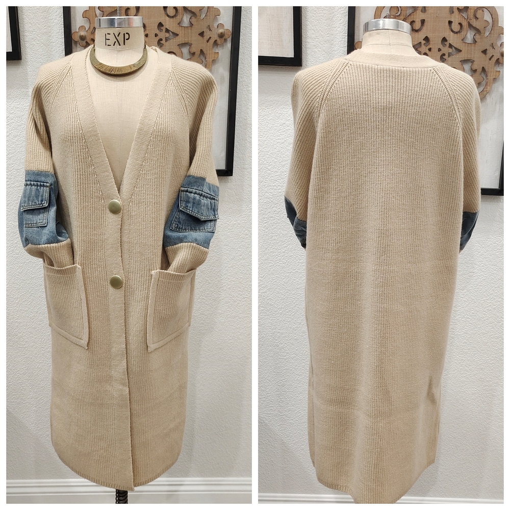 Beige Open-Front Long Cardigan with Denim Patch Sleeves - Picture 2 of 5